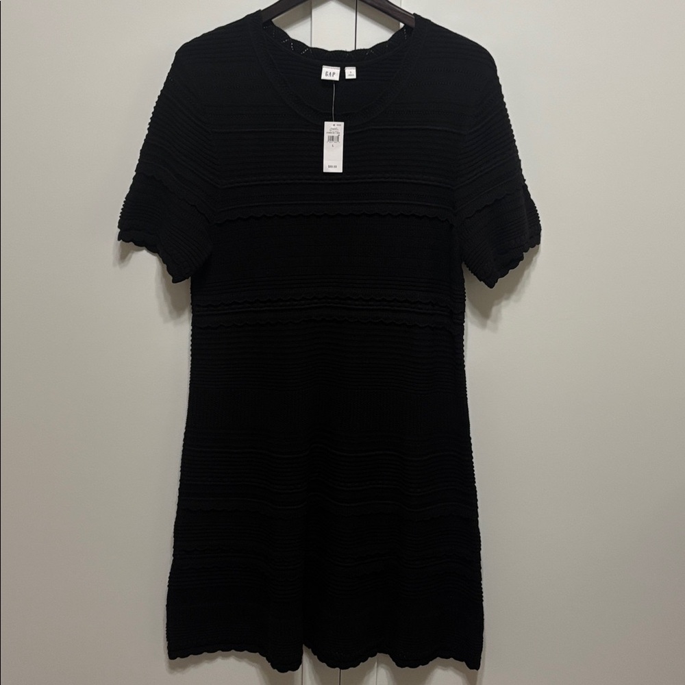 NWT GAP Black Mixed-Stitch Short Sleeve Crochet Knit Mini Dress  L